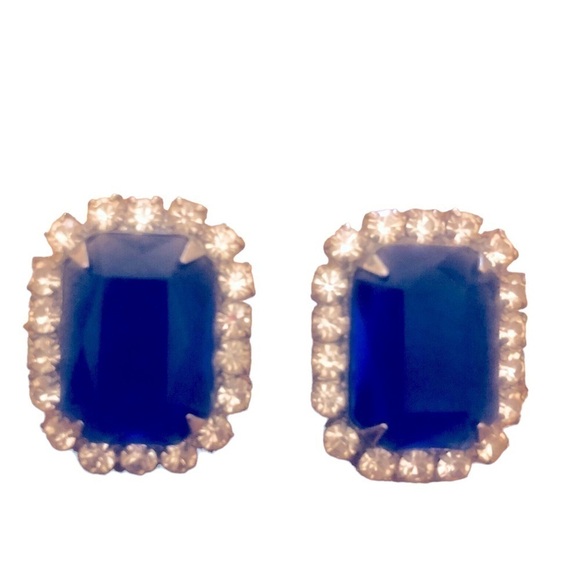 Vintage sapphire blue rhinestone trimmed pendant earrings - Picture 1 of 4